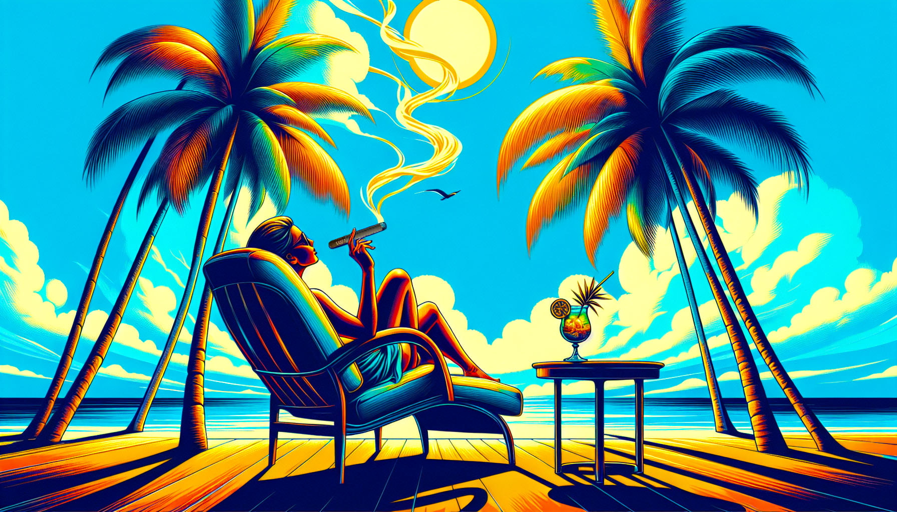 An illustration of a person enjoying a cigar on a hot summer day.