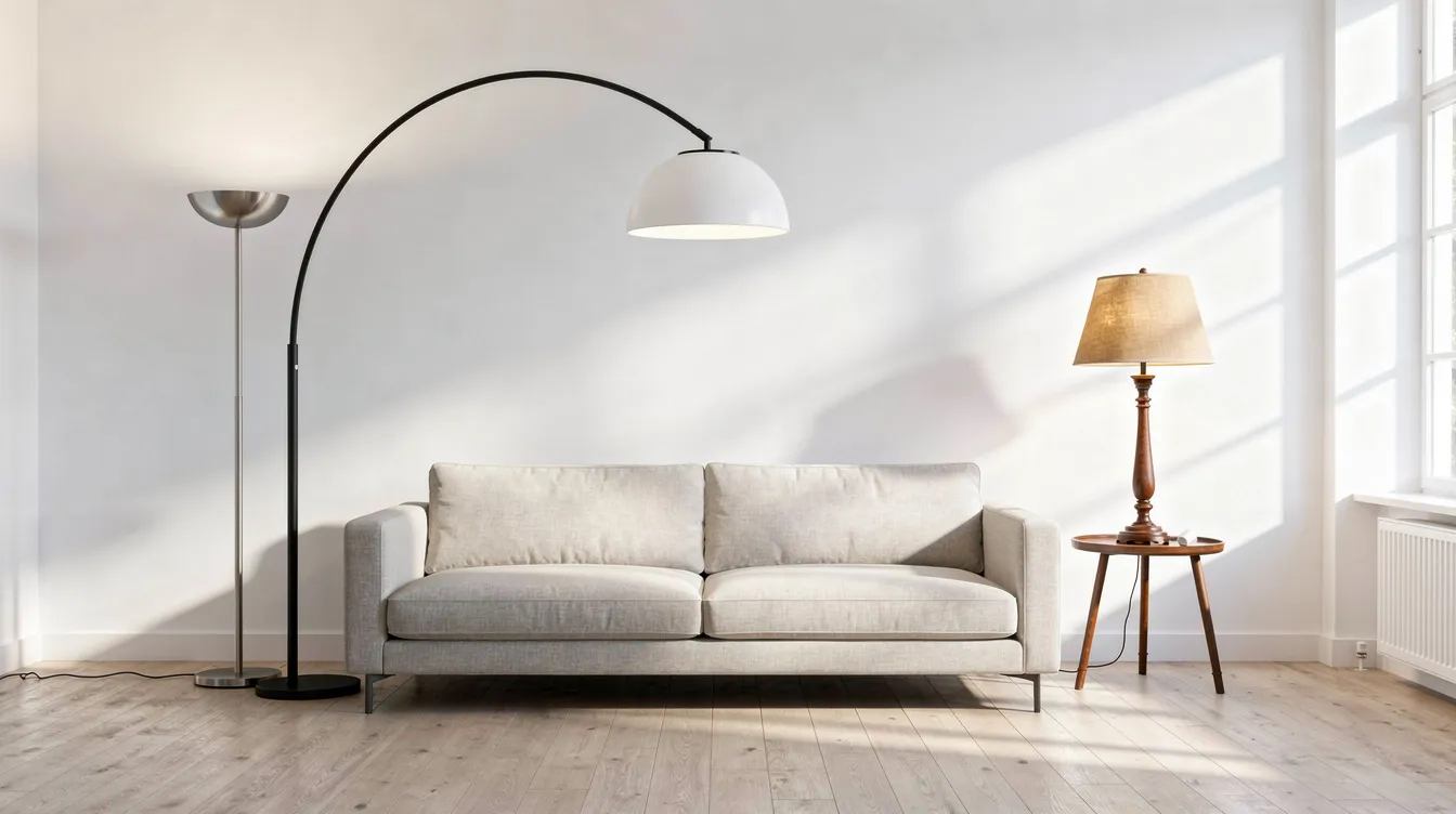 Bilden visar olika typer av golvlampor, inklusive en båglampa, en uplight och en klassisk skärmlampa, uppställda i ett ljust rum. Lamporna i varierande modeller och färger skapar en inbjudande atmosfär och ger bra belysning för hela rummet.