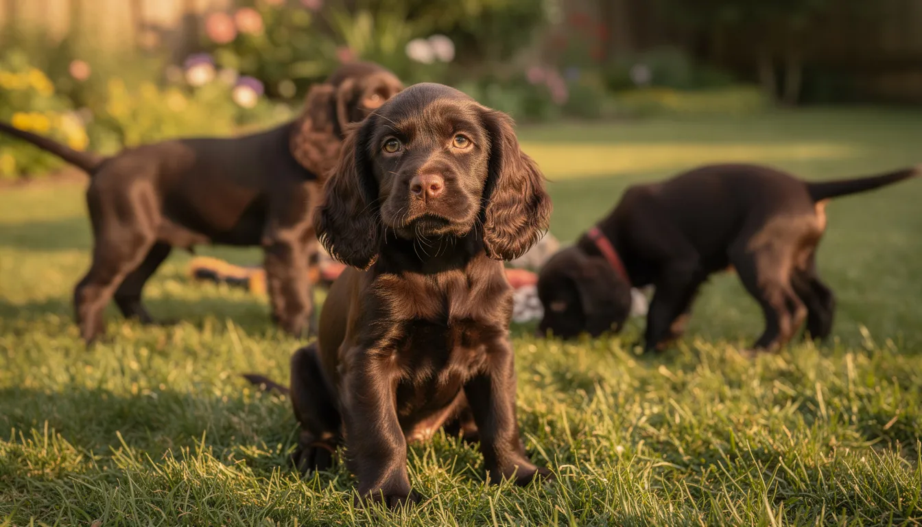 A group of adorable Field Spaniel puppies play together on a soft surface, showcasing their silky coats and floppy ears. These medium-sized dogs, known for their affectionate nature, exhibit the playful temperament typical of spaniel breeds.