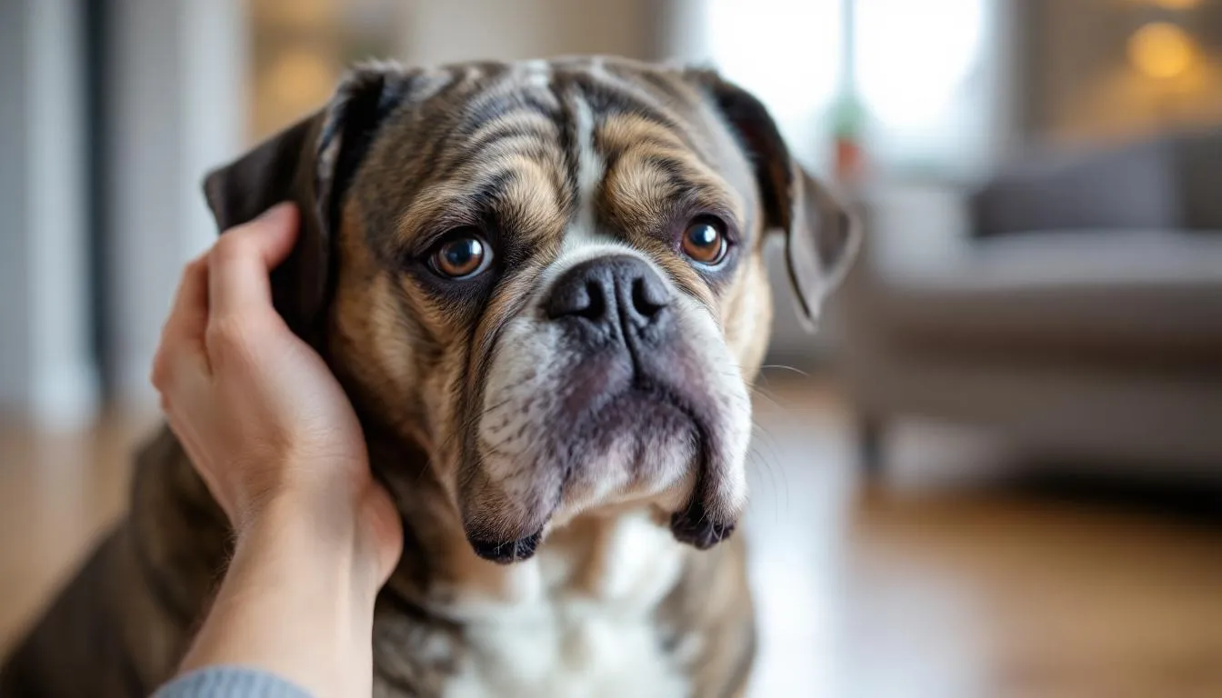 A dog is scratching behind its ear, revealing signs of discomfort and potentially indicating issues such as dry skin or skin infections. The dog's flaky skin may suggest a need for better skin health practices, including a balanced diet and proper bathing habits.