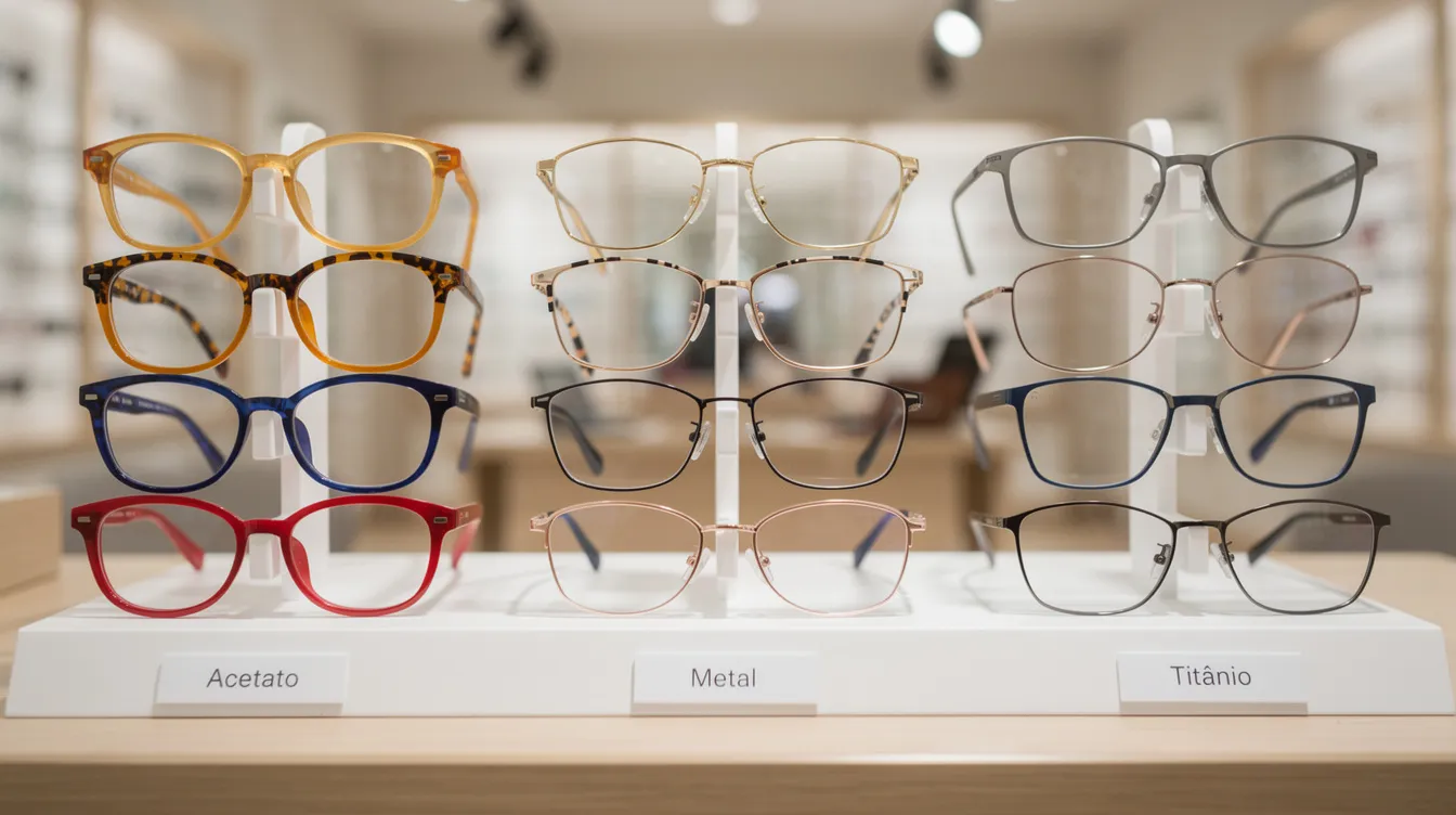 Imagem de um expositor apresentando uma variedade de armações de óculos, feitas em acetato, metal e titânio, com diferentes cores e formatos, destacando opções para óculos de grau e óculos de sol. As armações refletem estilos modernos e tendências da moda, oferecendo conforto e qualidade para todos os rostos.