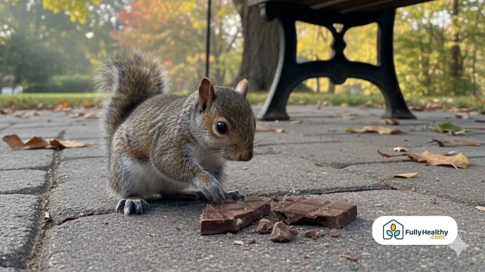 Grey squirrel sniffing broken chocolate pieces on a park walkway