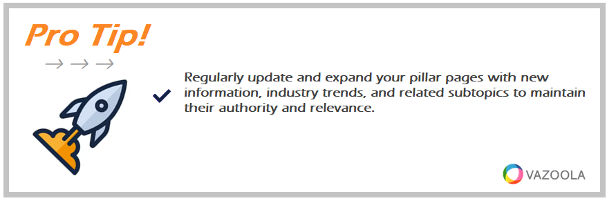 Regularly update and expand your pillar pages with new information, industry trends, and related subtopics to maintain their authority and relevance.