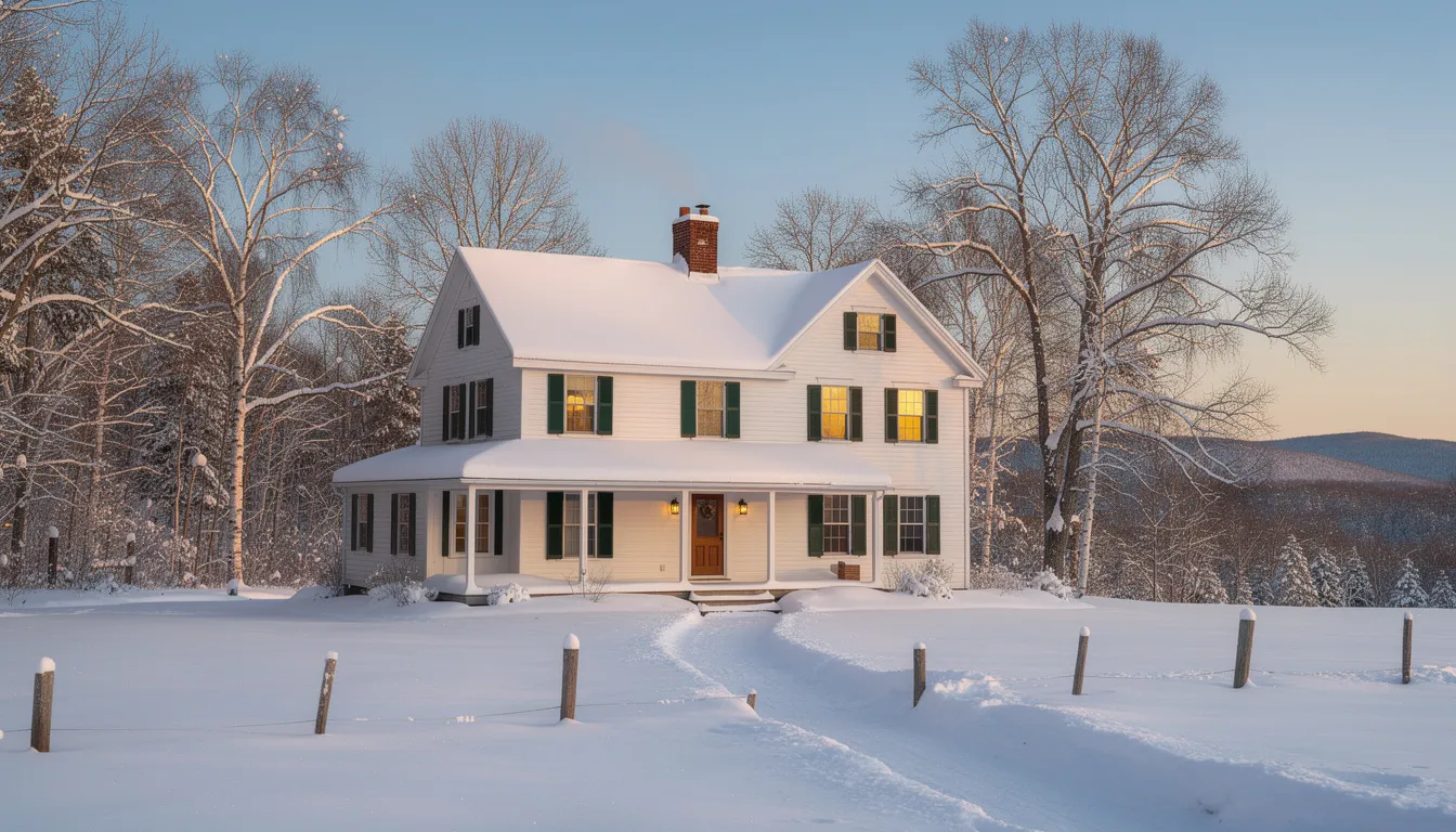 A traditional Maine home is nestled in a snowy landscape under a clear winter sky, showcasing the beauty of Maine winters. Homeowners should be aware of the winterization process to protect their water systems, including pressure tanks and water lines, from freezing temperatures and costly damage.
