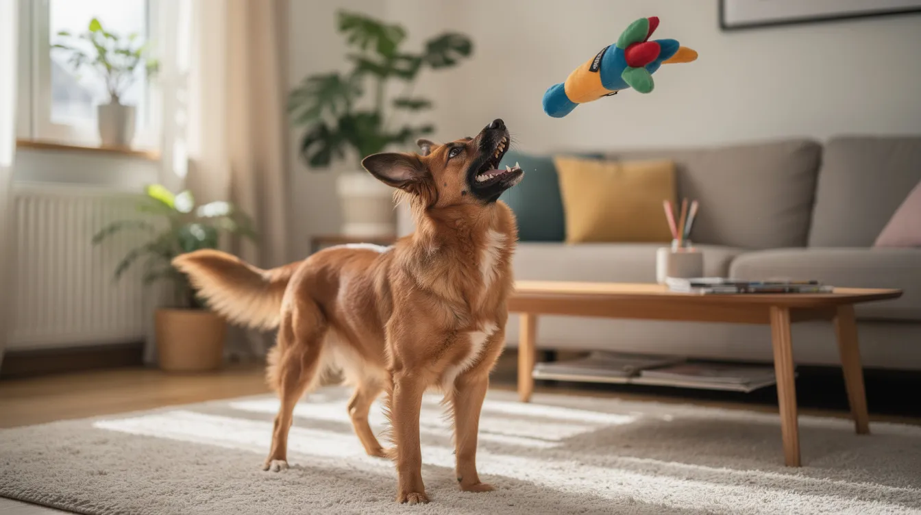 A playful dog is joyfully tossing a toy in a cozy living room, showcasing its excitement and energy. This scene captures the bond between the pup and its owner, reminding dog lovers of the happiness and unconditional love that comes from sharing life with their furry best friends.