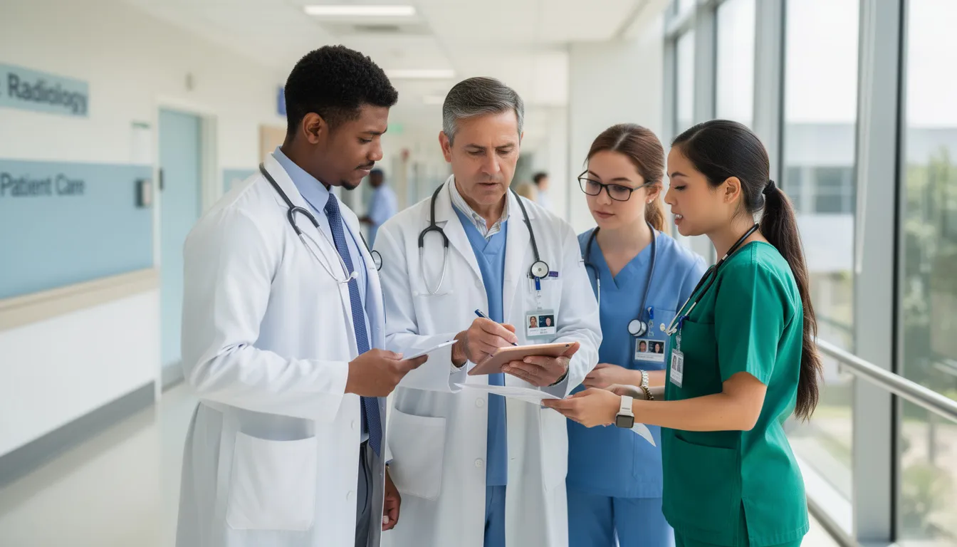 A group of healthcare professionals, including physicians and administrators, are engaged in a discussion at a medical facility, focusing on patient care and management services agreements. They are likely addressing important topics such as regulatory compliance and business goals related to their medical practice.