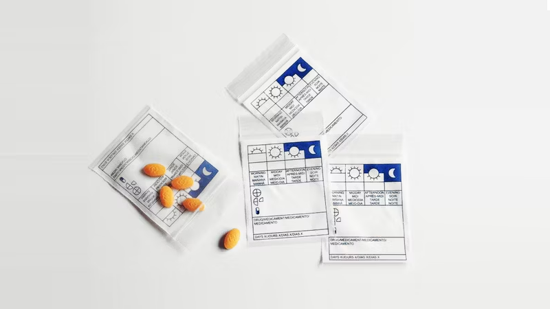 Different tamper-evident bags with orange pills