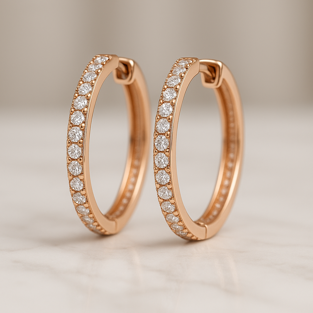 Rose gold hoop earrings with diamonds, pavé set on the outer surface, placed on a white marble surface
