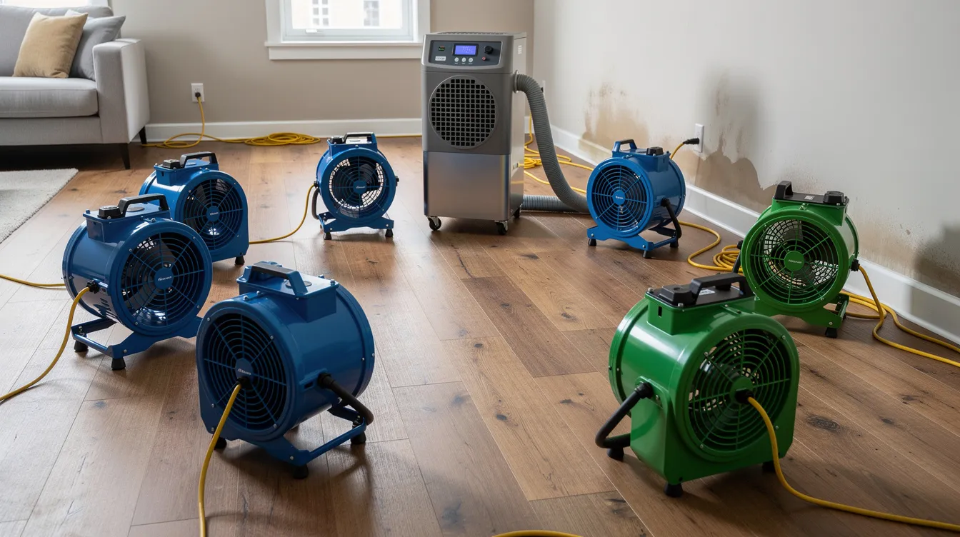 The image shows industrial drying equipment and air movers strategically placed on hardwood floors to address water damage. This setup is part of the flood damage restoration process, aimed at preventing mold growth and restoring the affected areas after a significant water leak or burst pipe.