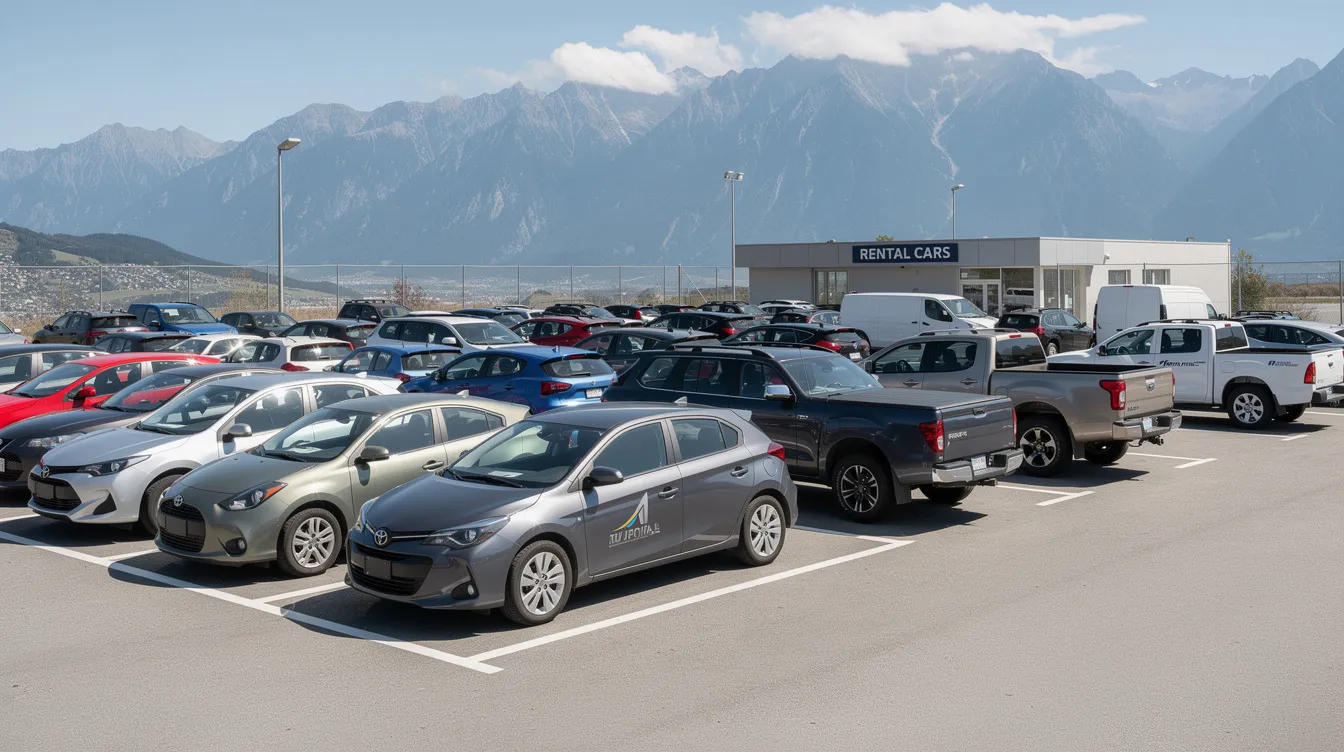 A fleet of various vehicle types, including cars and vans, is neatly parked in rows at a rental lot, with majestic mountains visible in the background. This image reflects the organized operations of modern rental businesses, showcasing a diverse vehicle fleet ready for customers.