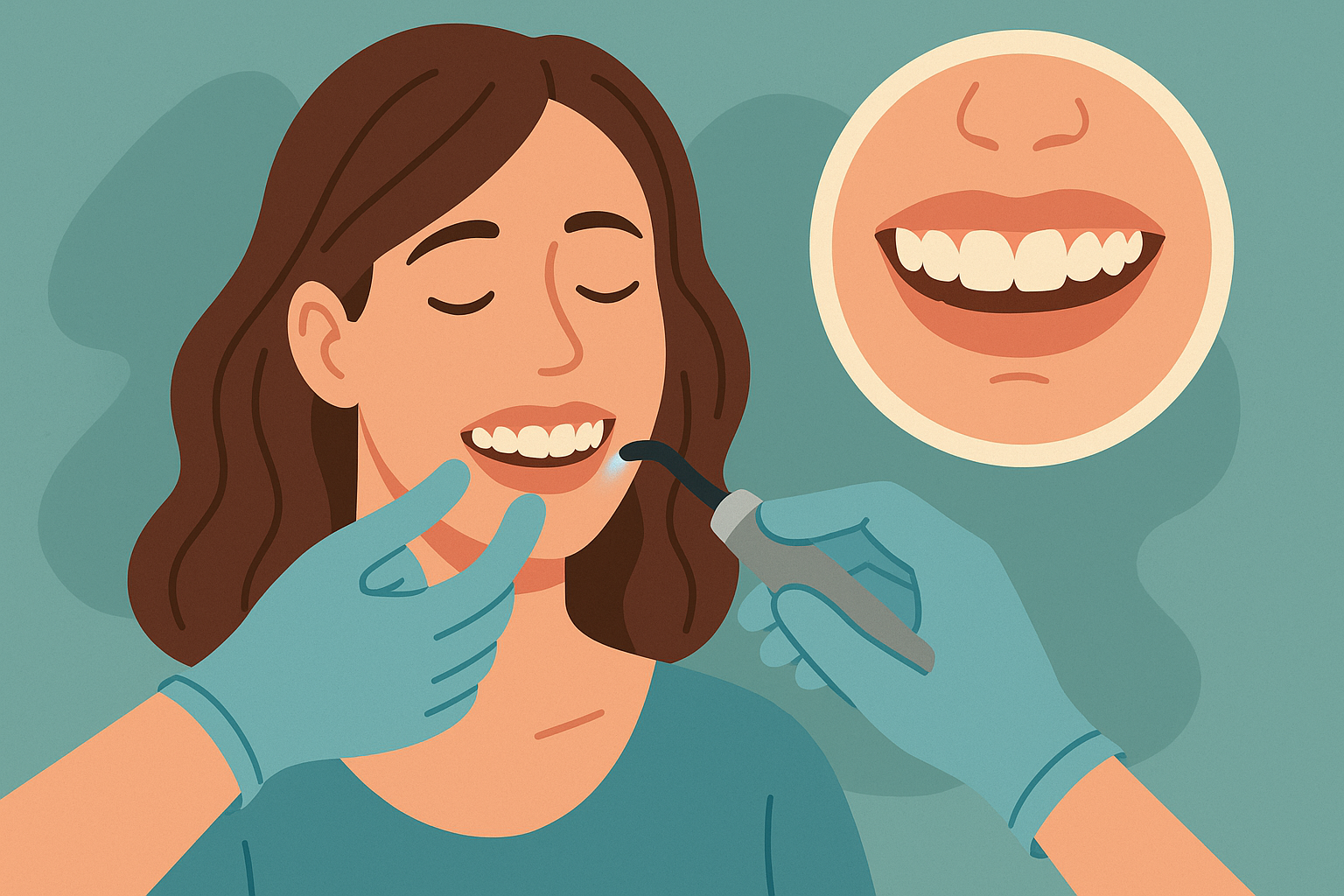 En kvinne smiler mens tannlegen utfører komposittfylling, med nærbilde som viser forbedring av en liten tannskade.