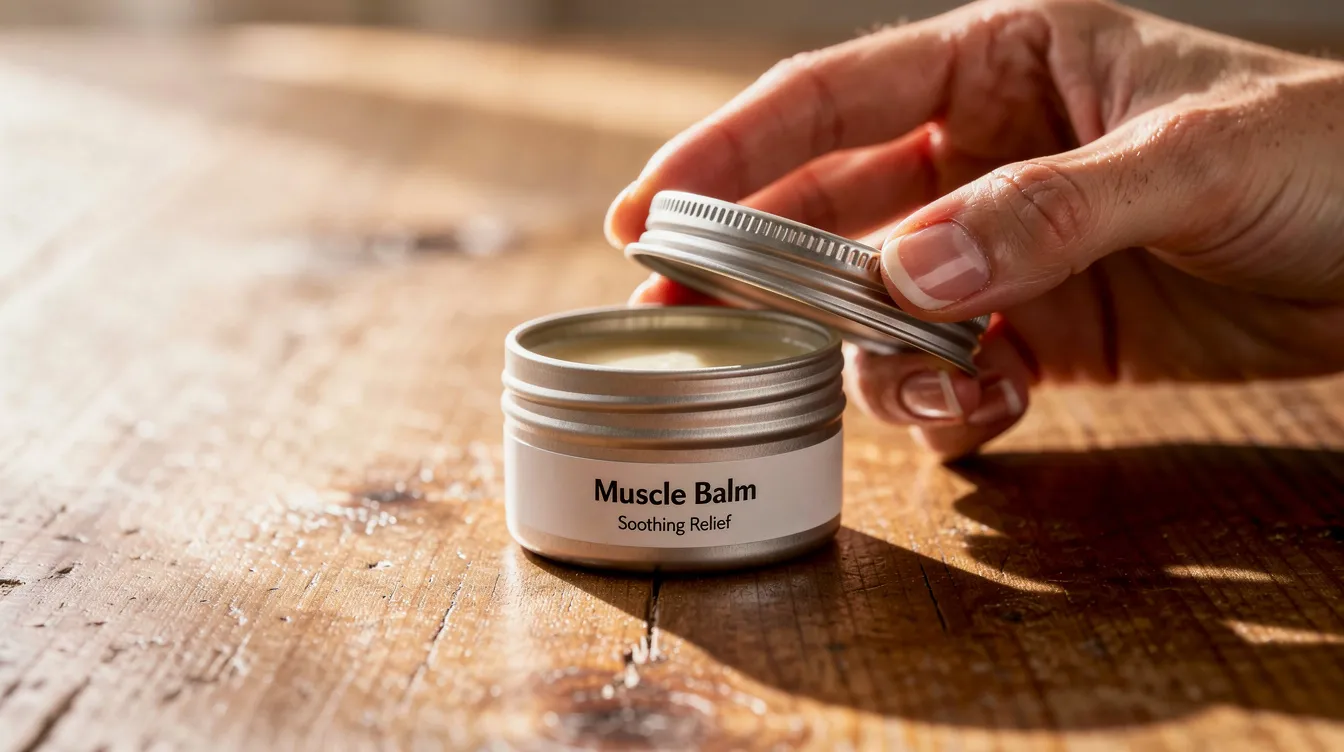A pair of hands is opening a small tin of muscle balm on a wooden table, which is designed to help alleviate discomfort associated with chronic pain and arthritis. The balm, possibly infused with menthol or CBD, is part of a product line that aims to improve mood and provide relief for those in need.