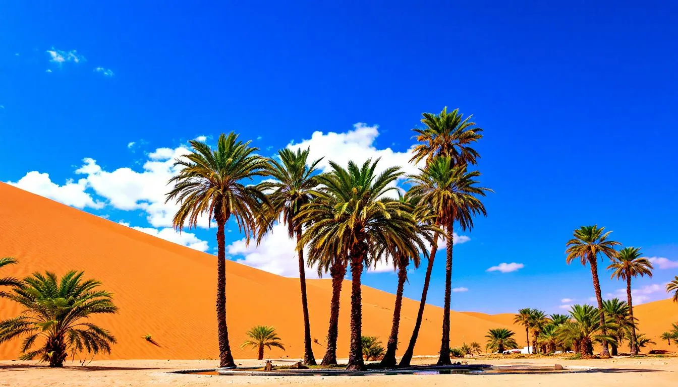 Um oásis no deserto apresenta palmeiras verdes cercadas por dunas de areia dourada, criando um contraste vibrante em um cenário típico do Egito antigo. Este local remete à tranquilidade e beleza natural que podem ser exploradas em um roteiro de viagem pelo Egito, onde a história e a natureza se encontram.