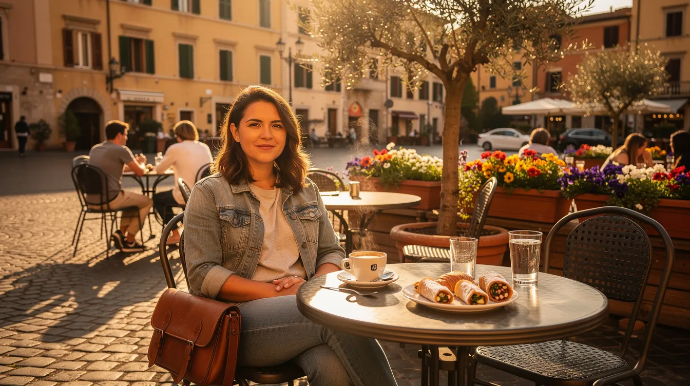 A traveler enjoys a sunny afternoon at an outdoor Italian café, seated at a table adorned with a steaming espresso and delicious pastries, surrounded by the vibrant atmosphere of the piazza. This picturesque scene captures the essence of visiting Italy, where travelers can savor local delights while considering the best credit cards for travel to avoid foreign transaction fees.