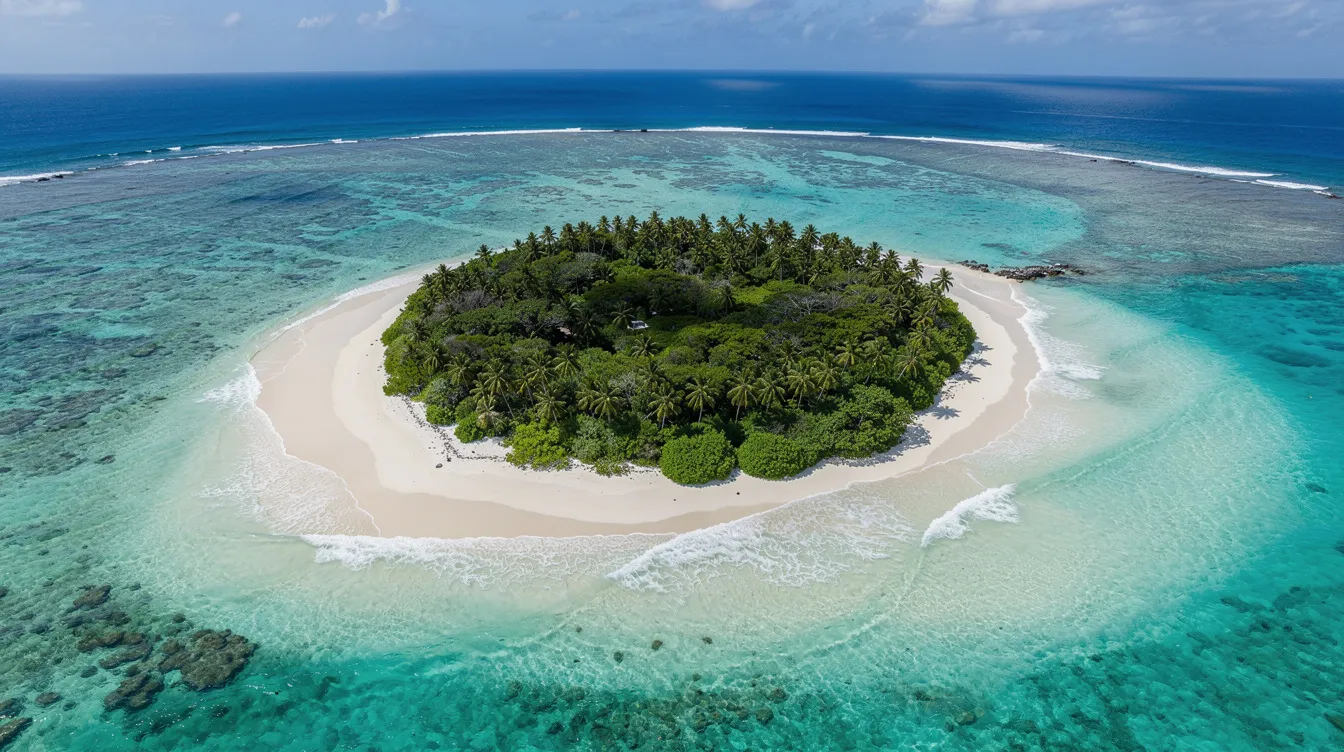 Die Luftaufnahme zeigt eine kleine karibische Insel, umgeben von türkisfarbenem Wasser und üppiger tropischer Vegetation, die eine idyllische und friedliche Atmosphäre vermittelt. Diese Landschaft könnte als Rückzugsort für wohlhabende Investoren und Milliardäre dienen, die nach einer Flucht aus der hektischen Finanzwelt von New York suchen.