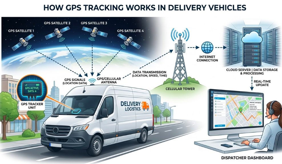  Diagram showing how GPS tracking devices send vehicle location data to dispatch dashboards