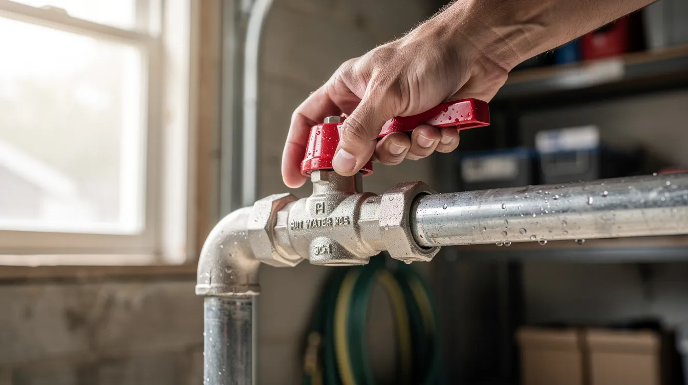 A close-up image shows a hand gripping a red main water shut-off valve in a residential garage, indicating a plumbing emergency. This action is crucial for controlling the water supply in case of a broken pipe or plumbing problem, highlighting the importance of emergency plumbing services.