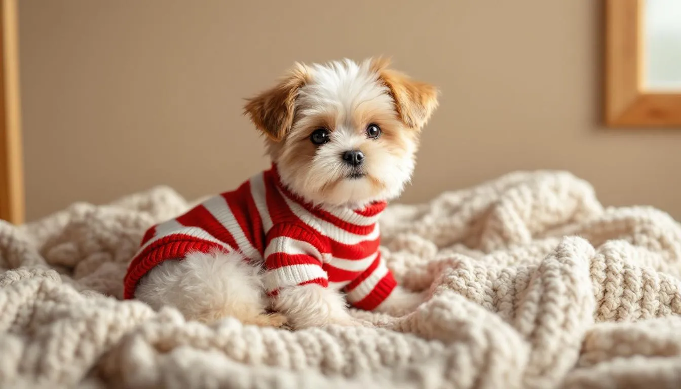 A small dog, possibly a toy breed like a toy poodle or shih tzu, is comfortably sitting on a cozy blanket while wearing a tiny sweater, exuding a cute and playful demeanor. The scene captures the essence of small dog breeds, perfect for those looking for a sweet companion in a compact size.