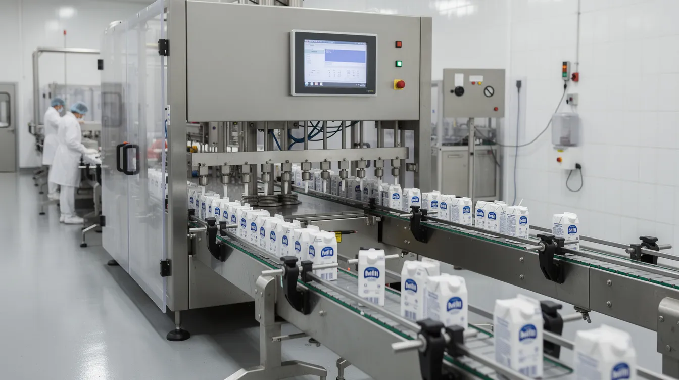 An aseptic carton filling machine is actively operating on a dairy production line, surrounded by conveyor belts transporting cartons of UHT milk. This advanced machinery ensures the packaging maintains microbiological safety and extends the shelf life of dairy products without requiring refrigeration.