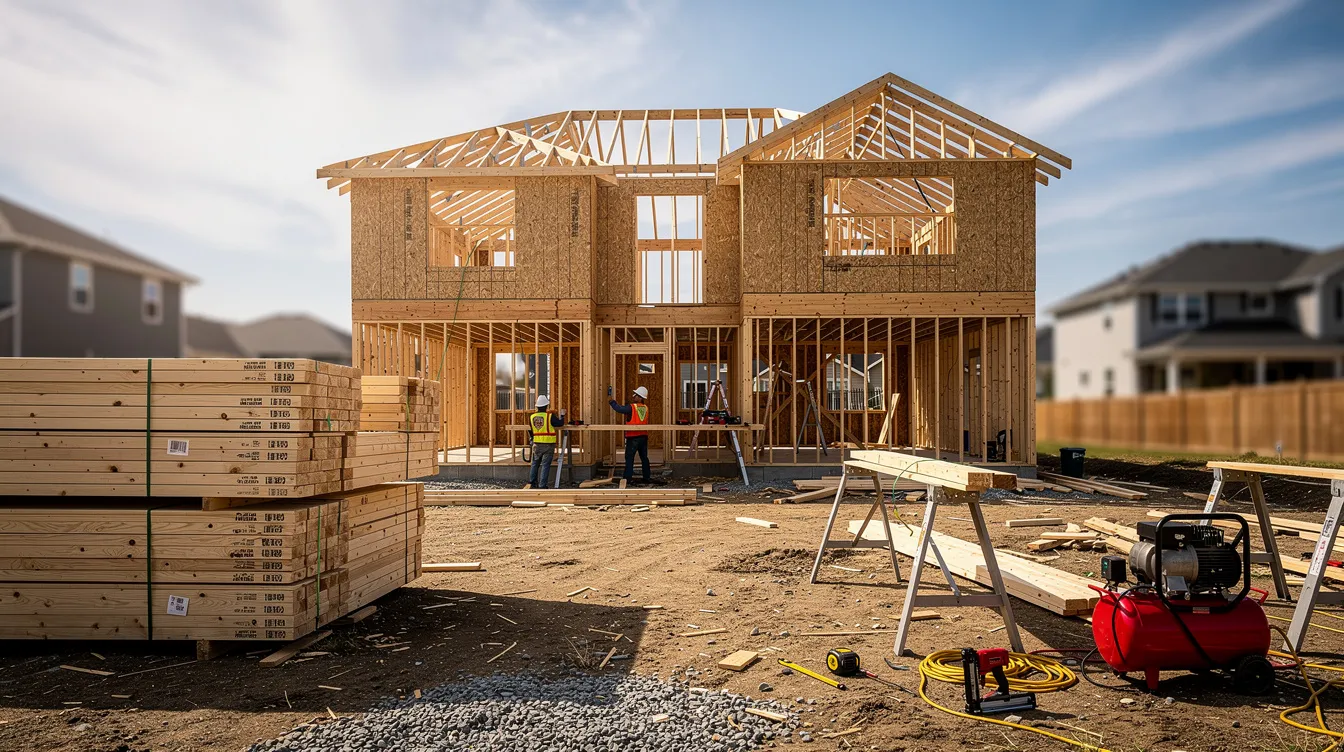 The image depicts a construction site featuring a partially framed residential house, with stacks of lumber and various tools scattered around, illustrating the active phase of a construction project. This scene reflects the construction industry, where contractors and subcontractors work together to meet project deadlines and manage potential disputes.