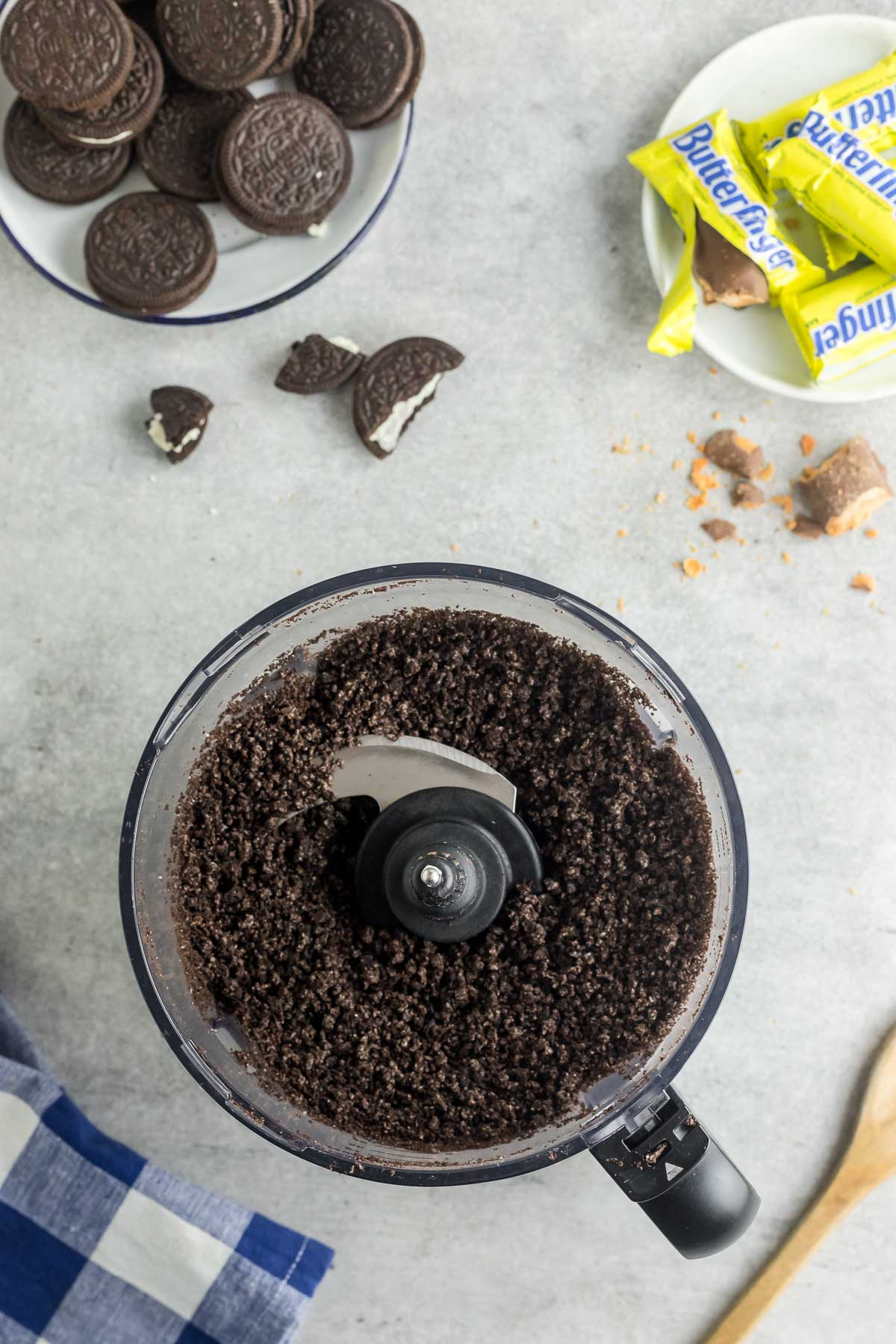 oreo cookie crumbs in a food processor