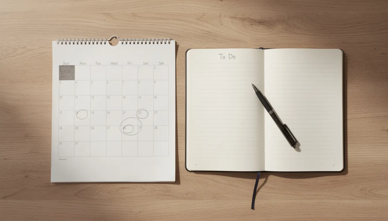 The image shows a calendar and an open notebook placed on a wooden desk, suggesting a space for planning and organizing study materials for the Australian citizenship test. This setup reflects the importance of preparation and practice in achieving success in the citizenship exam.