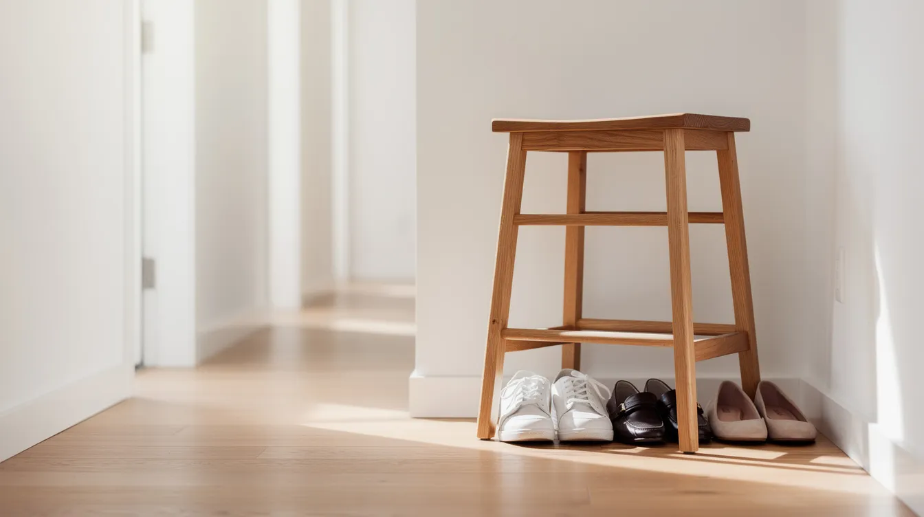 En ljus hall med en enkel träpall som står i mitten och skor prydligt ordnade under den. Utrymmet ger en känsla av ordning och välkomnar gäster med sina neutrala färger och funktionella design.