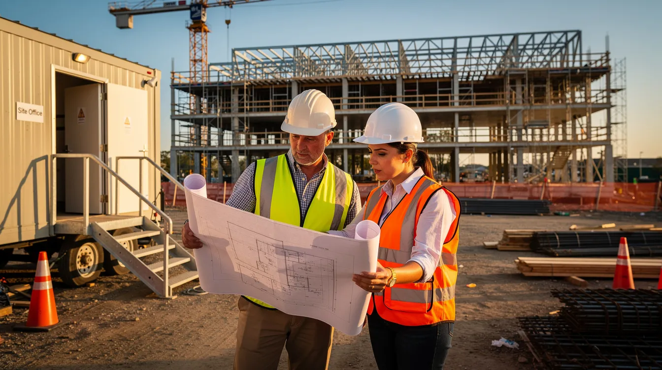 Two construction leaders review plans near a project trailer with a building under construction behind them.