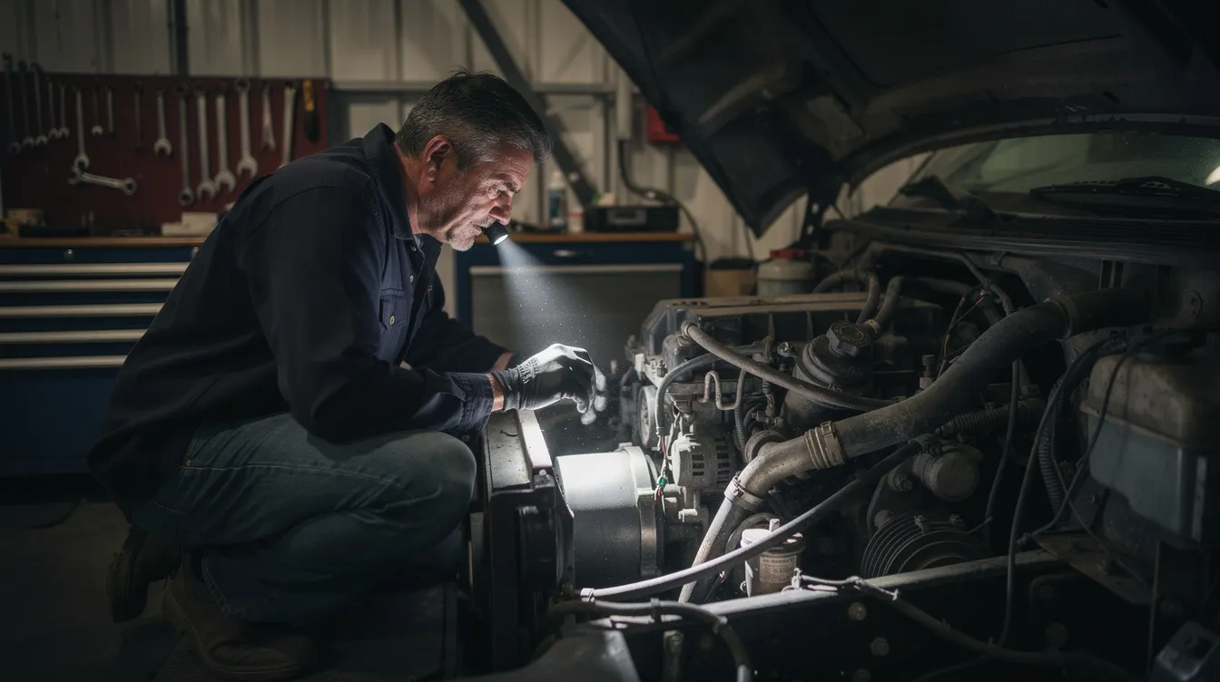 A mechanic is inspecting a heavy-duty engine bay with a flashlight, looking for signs of coolant leaks and potential water pump failure. The focus is on the cooling system components, ensuring that the car's water pump is functioning properly to prevent overheating and severe engine damage.