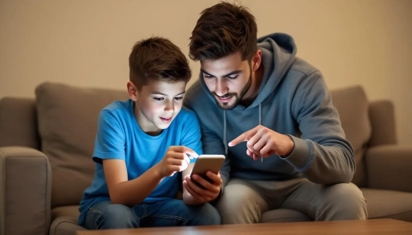 Un niño y un adolescente están mirando una aplicación en un móvil, donde probablemente están aprendiendo inglés a través de juegos y lecciones interactivas. La escena refleja el uso de tecnología para el aprendizaje de idiomas y la importancia de las aplicaciones en la educación moderna.