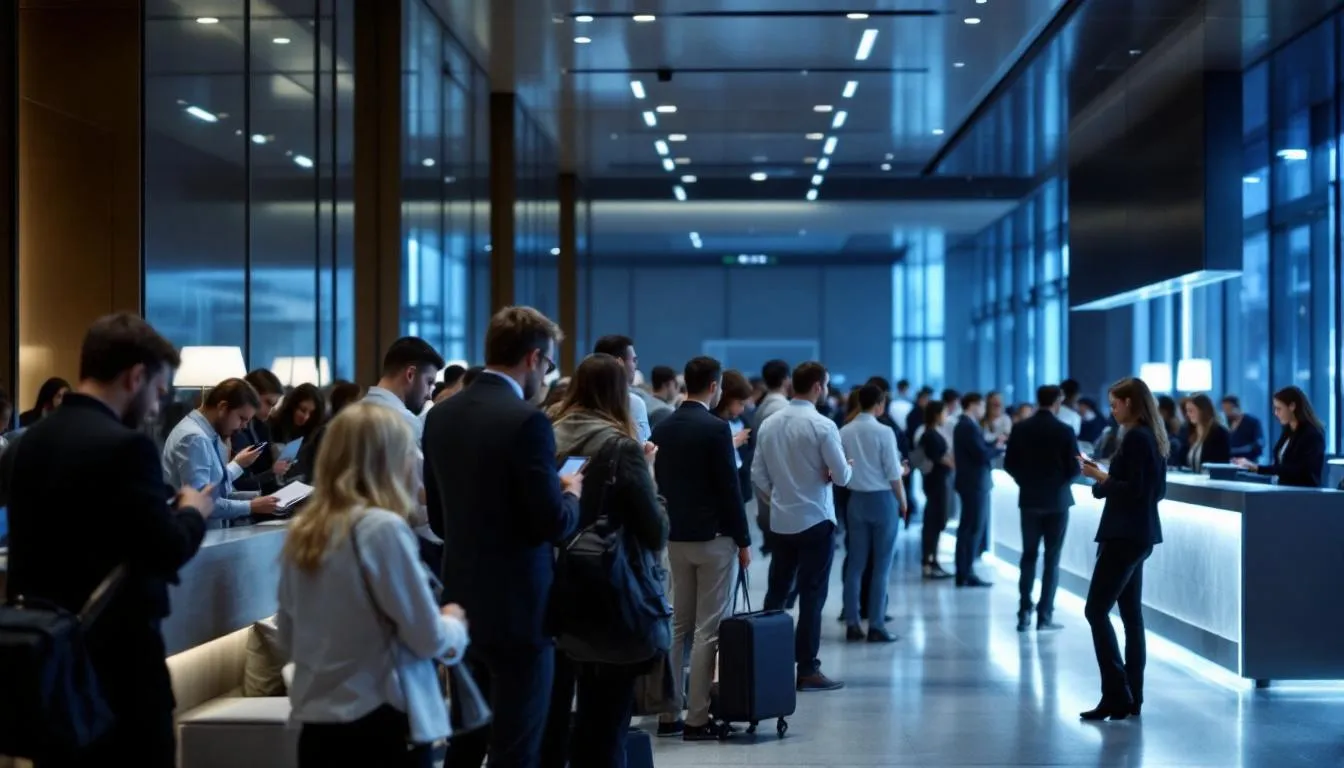 A crowded hotel lobby features frustrated guests waiting at the reception desk during peak check-in time, highlighting the challenges of effective hotel inventory management and the importance of operational efficiency in the hospitality industry. The scene reflects the need for streamlined inventory management systems to enhance guest satisfaction and manage room availability effectively.