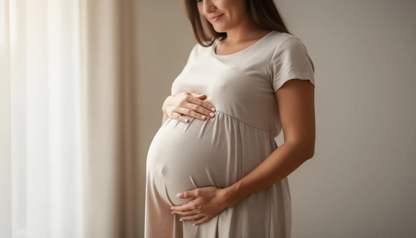 En gravid kvinna med en tydlig tvillingmage håller sina händer på magen och ser glad ut. Bilden fångar den speciella stunden av graviditeten, där hon kanske tänker på kommande ultraljud och fostren som växer inuti.