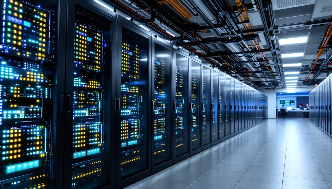 The image depicts a modern data center filled with rows of servers and networking equipment, showcasing an environment designed for efficient data management and processing. This high-tech facility supports data teams, data engineers, and data scientists in their efforts to integrate and analyze large datasets, ensuring data reliability and facilitating advanced analytics.