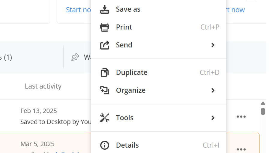 pdfFiller interface fragment showcasing document options including Save As.