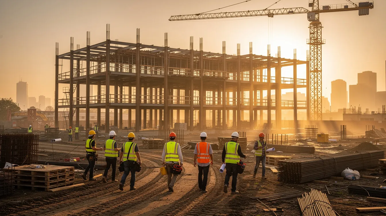 The image depicts a large commercial construction site at sunrise, showcasing a steel structure with workers in hard hats arriving to begin their day. This scene highlights the construction process and the importance of effective risk management strategies as project managers prepare to tackle potential challenges and ensure regulatory compliance.