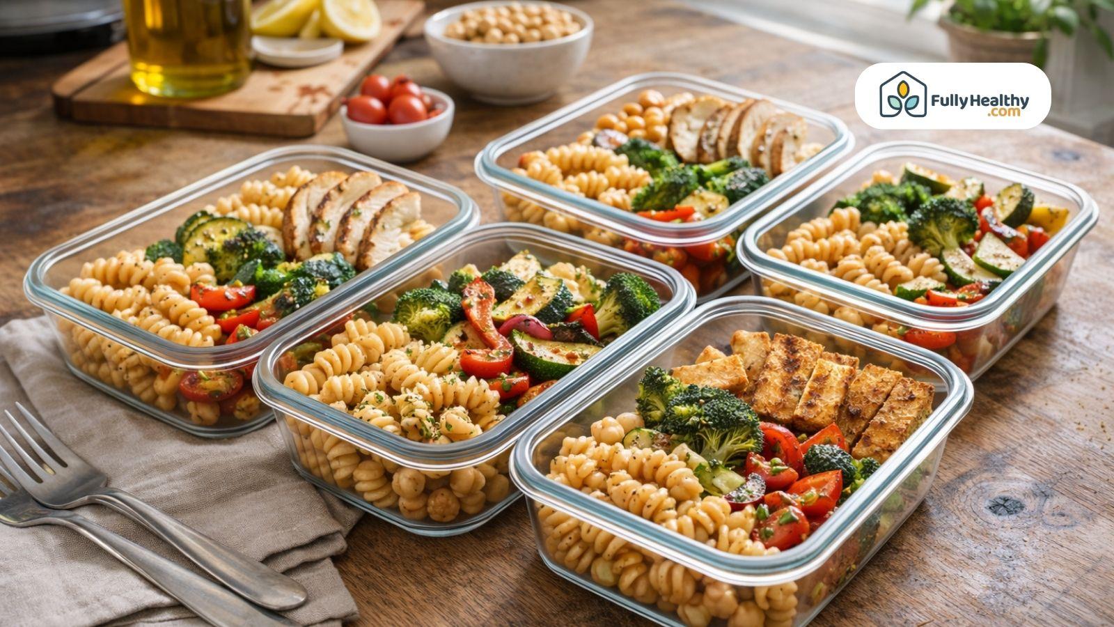 Meal prep containers with chickpea pasta vegetables protein healthy balanced meals