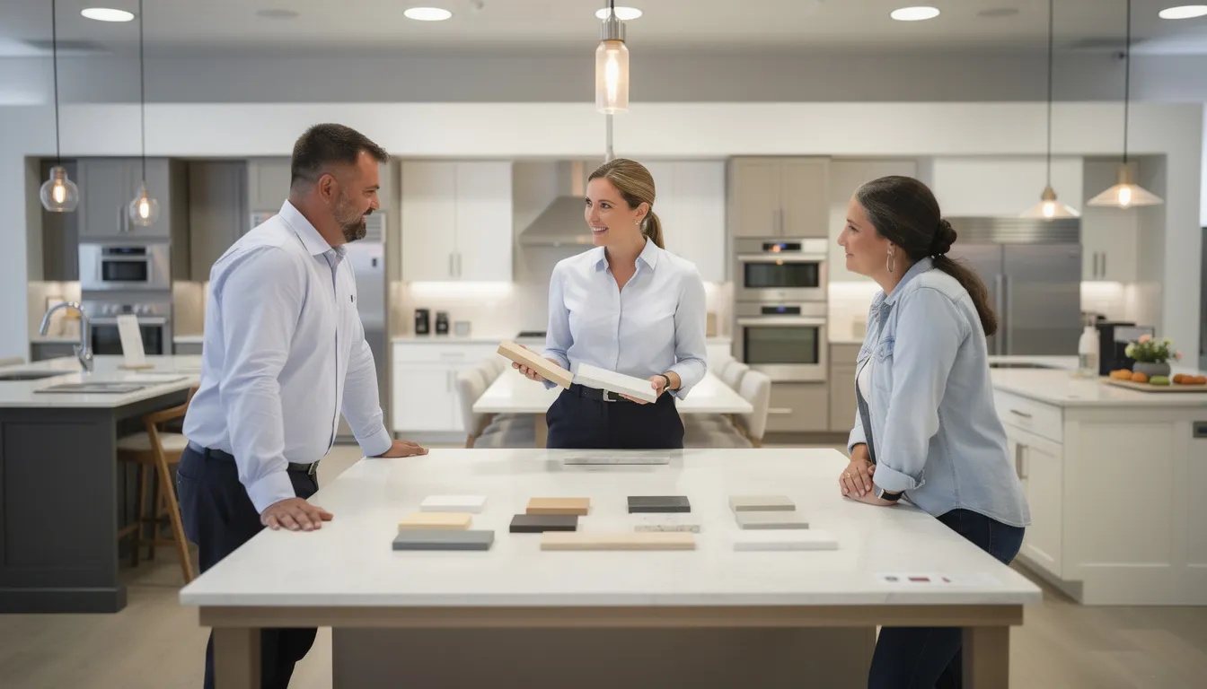 A professional kitchen designer is presenting various countertop edge samples, including ogee edge and bullnose edge profiles, to homeowners in a modern showroom. The display features a range of countertop materials like granite and quartz, showcasing popular edge styles suitable for custom remodels in both traditional and contemporary kitchens.