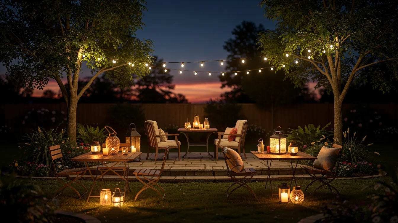 The image depicts a cozy backyard bonfire party at twilight, with warm string lights draped between the trees and glowing lanterns illuminating tables filled with s'mores ingredients and snacks. Guests gather around a blazing bonfire, sharing stories and enjoying the warmth of the fire on a memorable night.