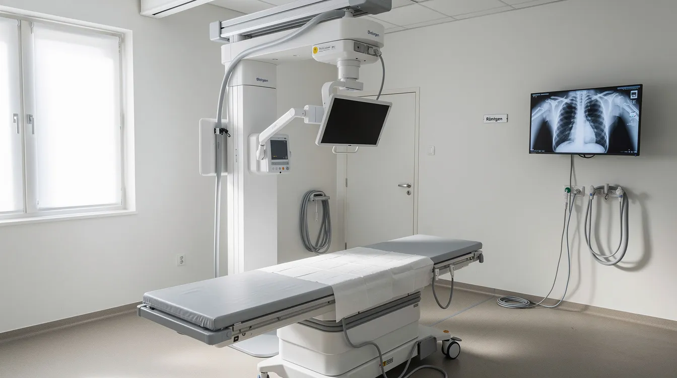 Bild av modern röntgenutrustning placerad i ett ljust klinikrum, som används för att undersöka axelleden och identifiera tillstånd som artros eller frakturer hos patienter. Utrustningen är viktig för att ge läkare information om eventuella skador och smärtor i axeln, vilket hjälper till i diagnosen och behandlingen.
