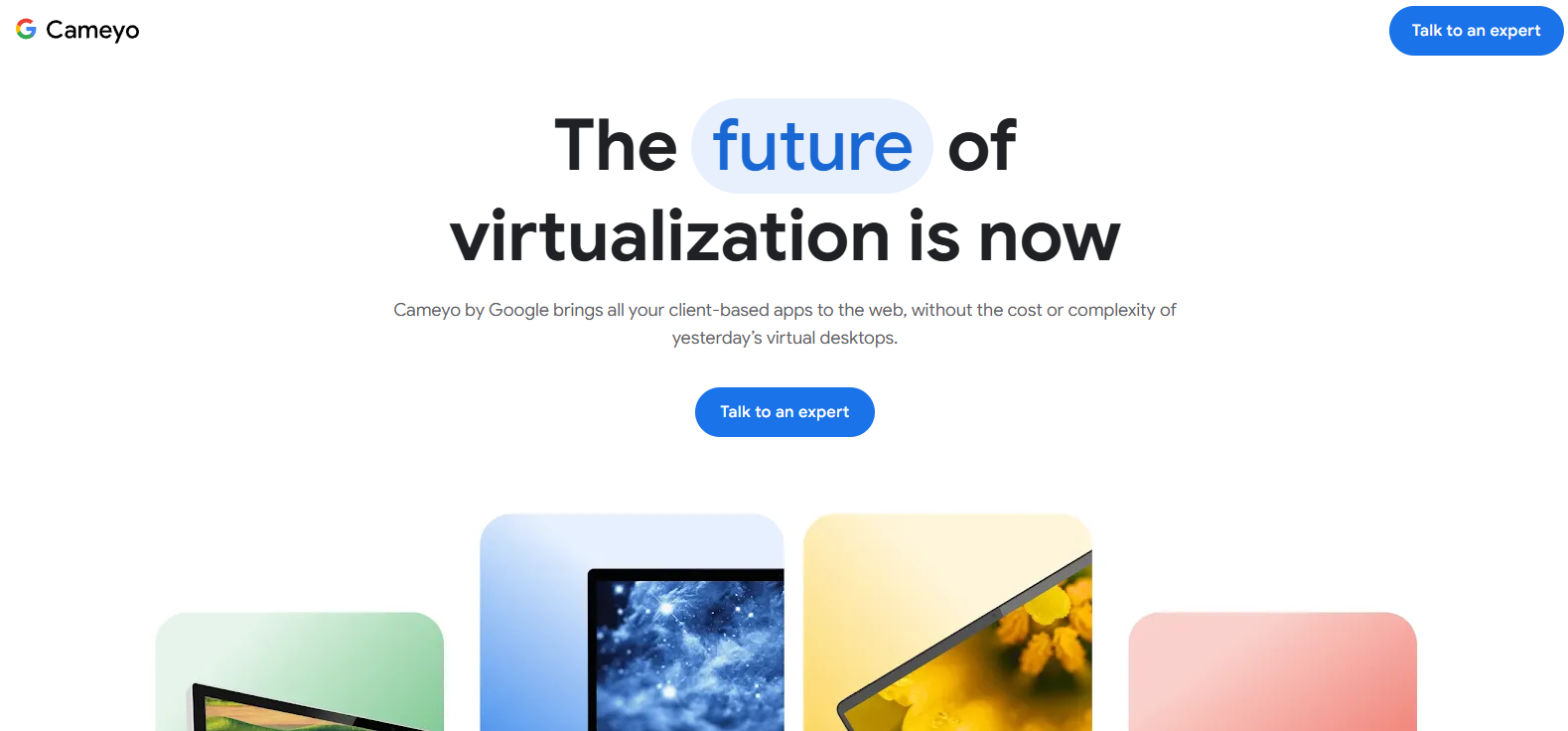 Cameyo by Google homepage showcasing browser-based virtual desktop and application virtualization solutions for education.
