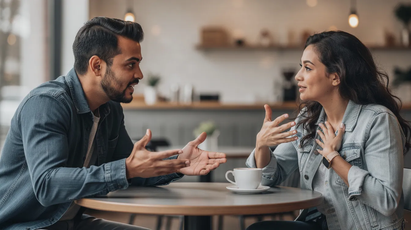 The image depicts two people engaged in a conversation, using expressive body language and gestures to enhance their communication. Their eye contact and nonverbal cues suggest a healthy relationship, where they actively listen and respond to each other's feelings and concerns.