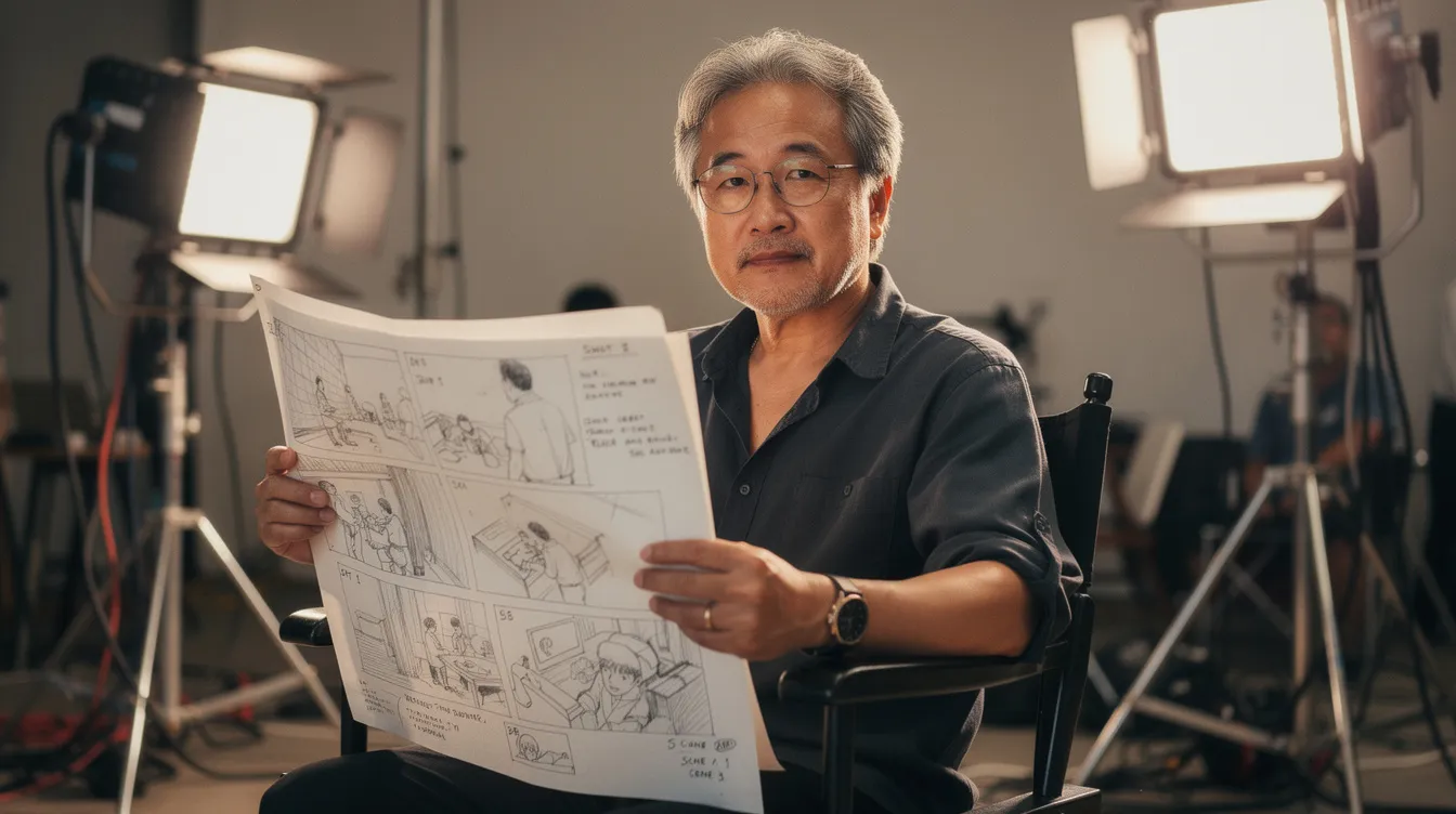 Ein asiatischer Regisseur in seinen Fünfzigern sitzt auf einem Regiestuhl und hält handgezeichnete Storyboards in der Hand, während im Hintergrund die Scheinwerfer eines Filmsets leuchten. Die Szene vermittelt das kreative Umfeld eines Filmemachers, der an einem Projekt arbeitet, das möglicherweise Themen wie Klassenkampf und Familie, ähnlich wie in "Parasite", behandelt.