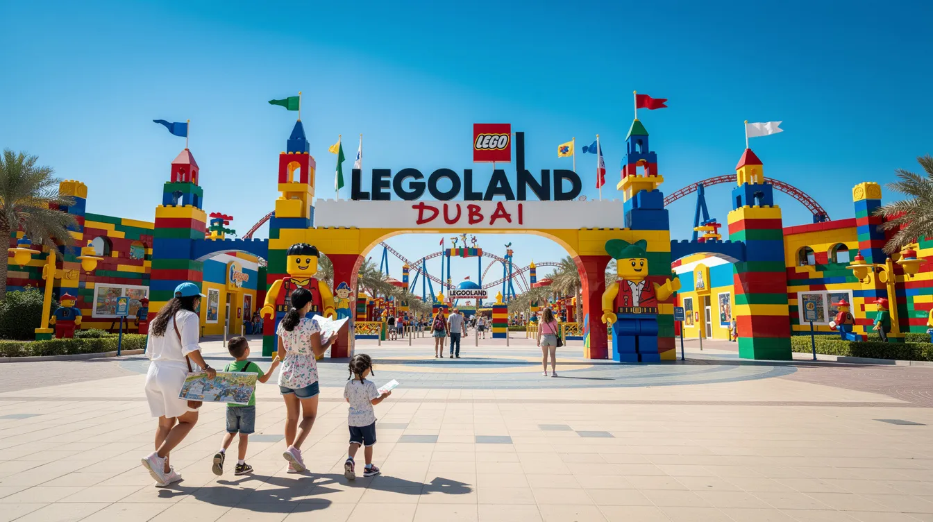 A imagem mostra o parque temático Legoland Dubai, localizado nos Emirados Árabes Unidos, com suas coloridas estruturas de Lego e atrações voltadas para crianças. Ao fundo, é possível ver a arquitetura moderna de Dubai, refletindo a fusão entre diversão e inovação na região do Oriente Médio.