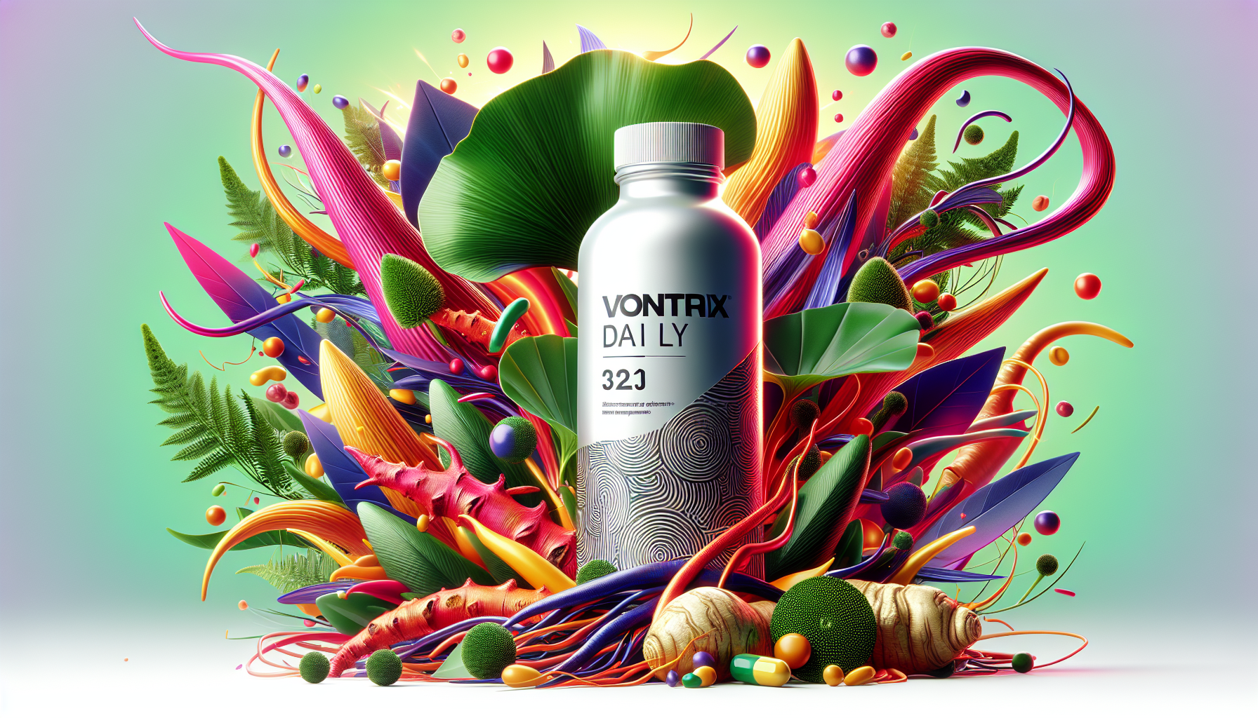 Een kleurrijke illustratie van Vontrix Daily, een innovatief erectiekuurproduct met krachtige kruideningrediënten