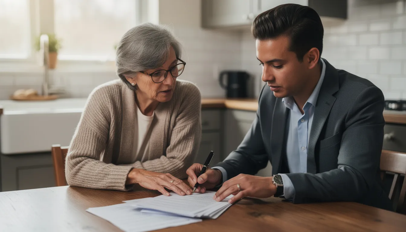 An older woman and a younger professional are seated together at a kitchen table, reviewing paperwork that likely includes details about planned giving options, such as charitable gift annuities and legacy gifts. The atmosphere suggests a collaborative discussion about financial planning and the impact of charitable donations on the organization's mission.