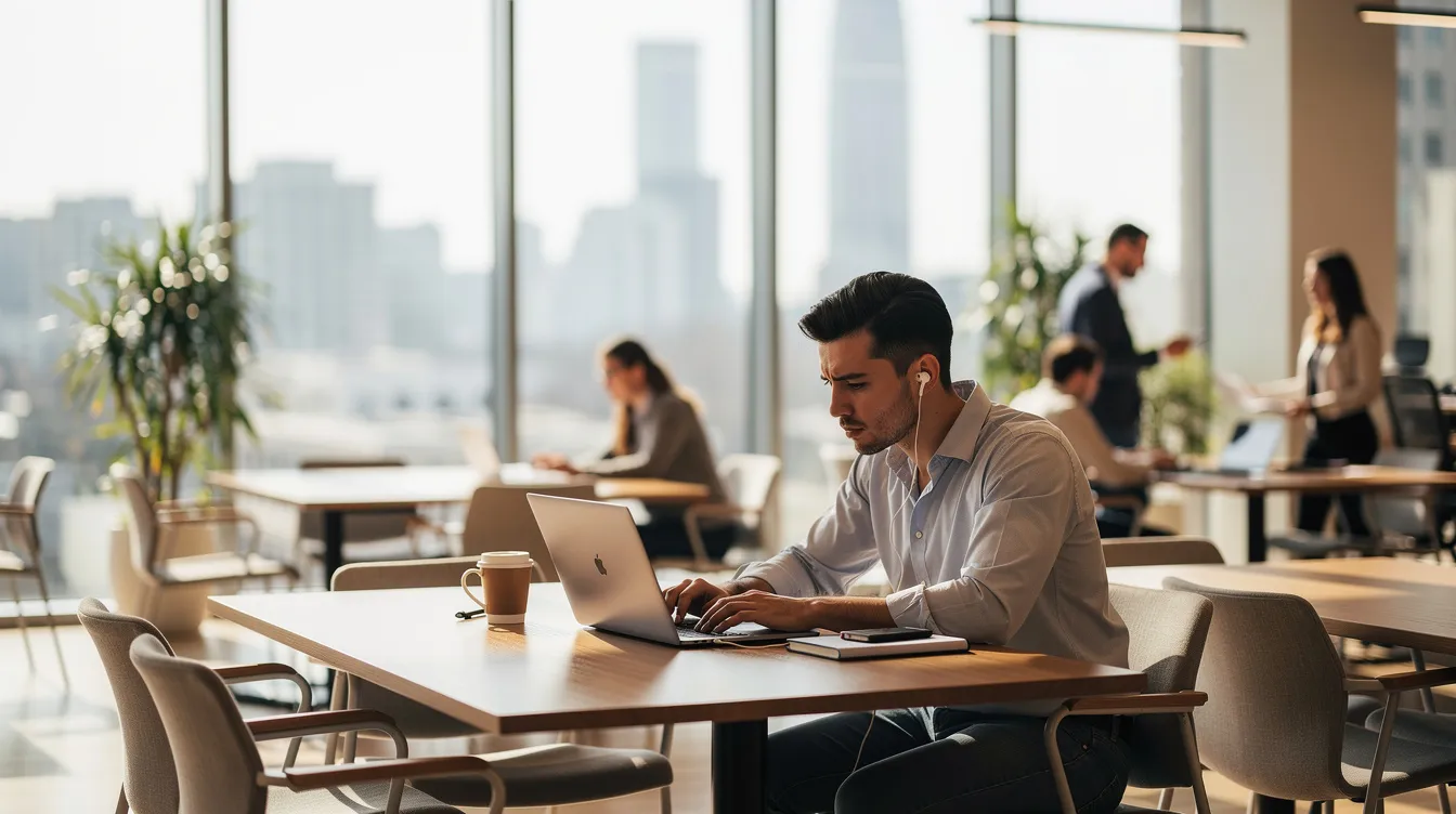 A focused entrepreneur is seated at a sleek laptop in a vibrant co-working space, surrounded by modern decor and fellow professionals. This setting exemplifies the dynamic environment for exploring exciting new business ideas and low investment business opportunities in Bangalore.
