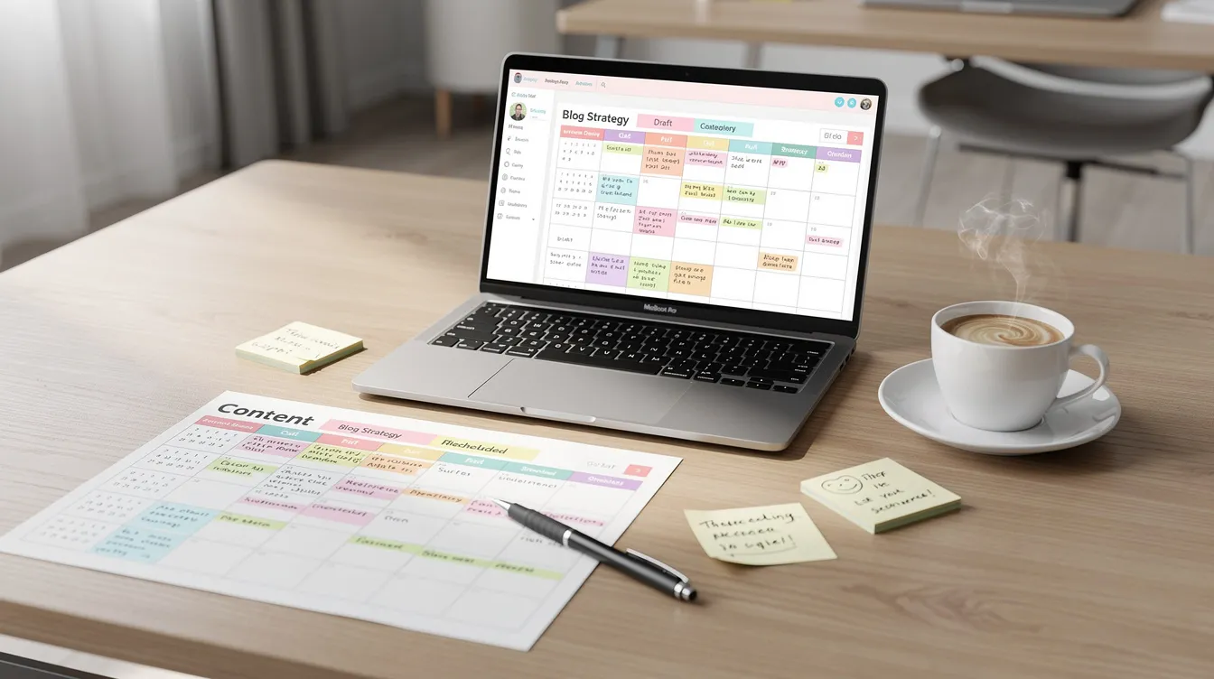 Auf dem modernen Schreibtisch befindet sich ein Laptop, der ein Blog-Planungstool zeigt, sowie eine Kaffeetasse und ein Inhaltkalender, der Ideen für Blogbeiträge und Themen für verschiedene Nischen anzeigt. Diese Anordnung ist ideal für Content Creators und Blogger, die ihre Inhalte effizient planen möchten.