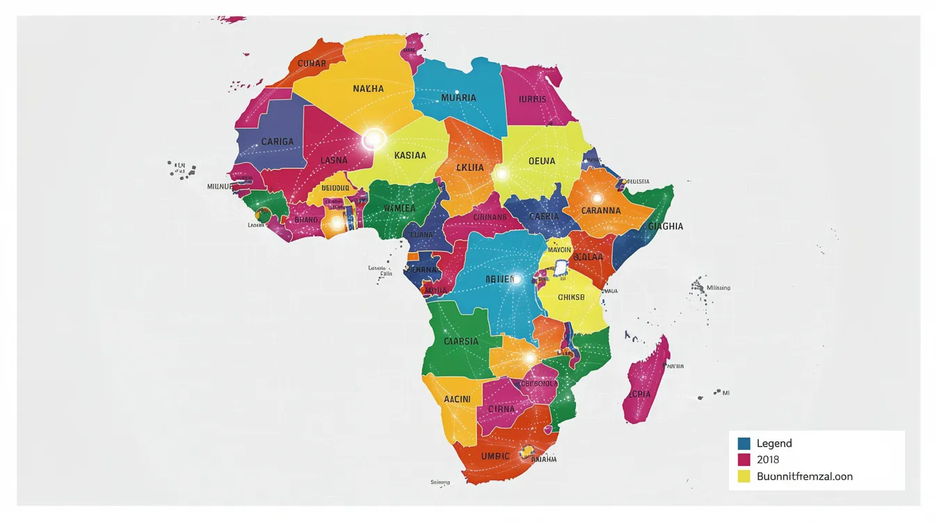 The image displays a vibrant map of Africa, showcasing major capital cities connected by dotted lines, symbolizing the interconnectedness of the continent. This visual representation highlights the importance of digital banking services and international money transfers among African countries, emphasizing the role of banks like Access Bank and Zenith Bank in facilitating these transactions.