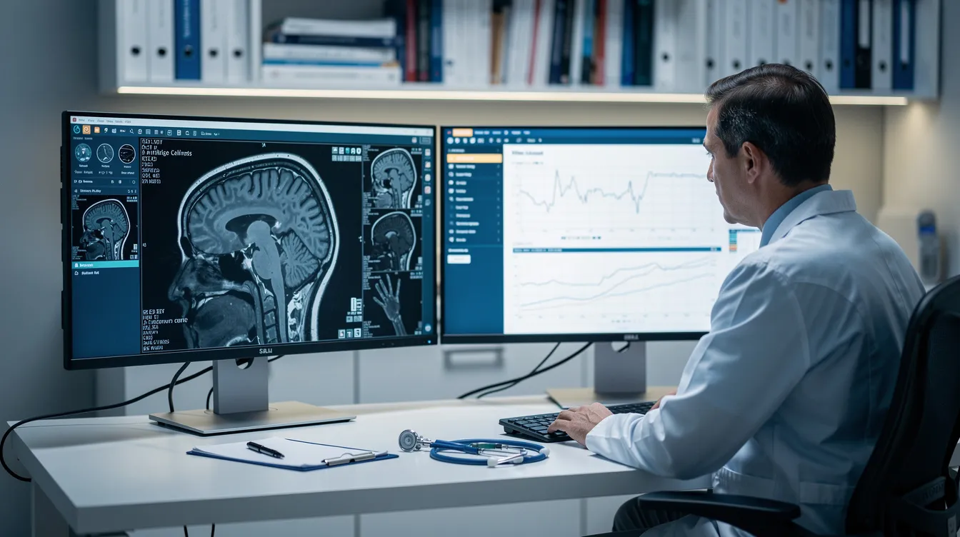 A medical professional is focused on reviewing patient records and imaging scans, assessing the medical evidence related to a work-related injury. This examination is crucial for determining the appropriate workers compensation benefits and ensuring that injured workers receive the necessary medical care and support throughout the claims process.