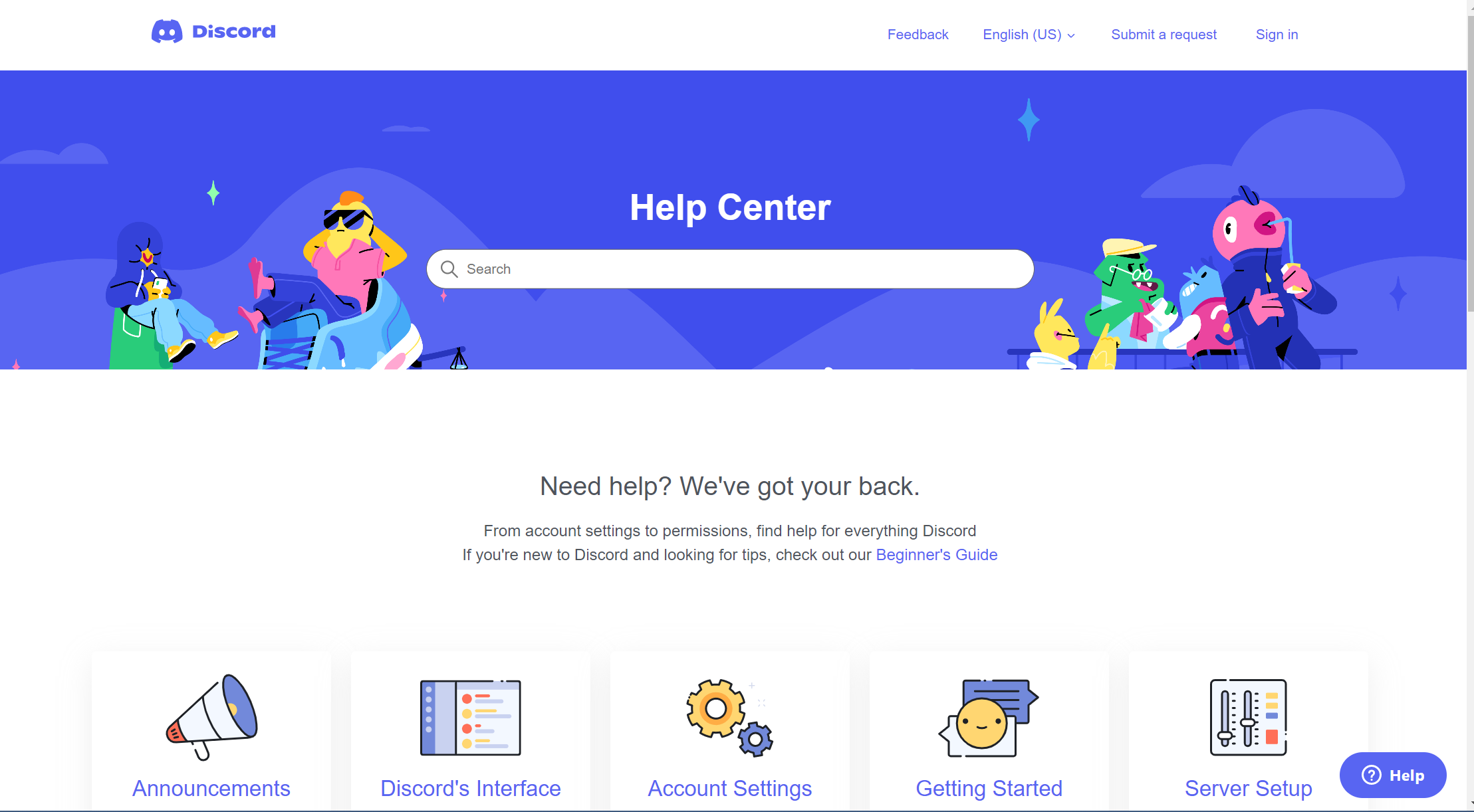 Help center page of discord website